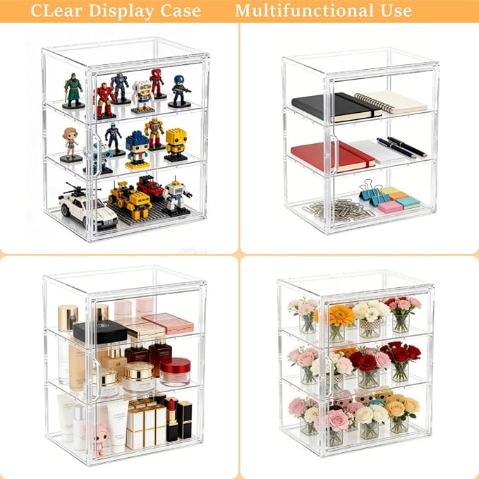 Attelite Acrylic Display Case for Collectibles Adjustable 3-Tiers，2Pack | Clear Display for Figures,3 Tier Clear Storage Bin, Stackable Acrylic Box,Easy Assembly,Magnetic Door,Dustproof