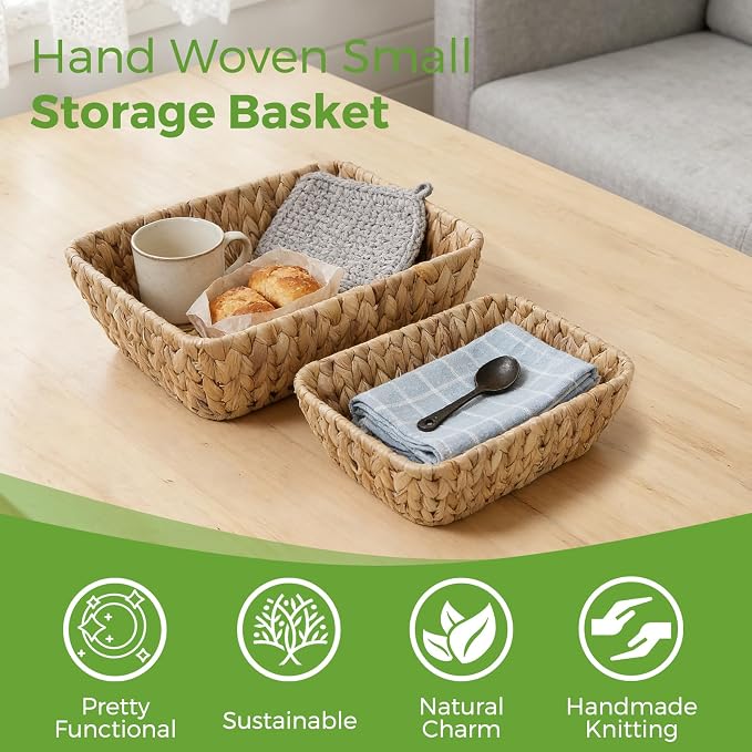 Small Wicker Baskets Set of 2, Hand Woven Water Hyacinth Basket 2 Pack