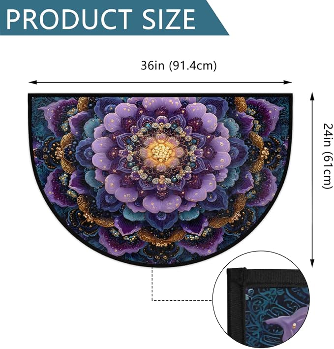 Mandala Purple Galaxy Half Round Door Mat Non-Slip Semi Circle Rug Washable Half Moon Floor Rug Absorbent Bathroom Area Rugs for Outdoor Indoor Fireplace Mat Entryway Kitchen Decor Rugs