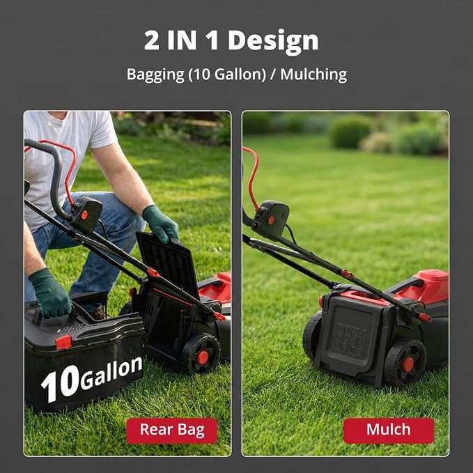 AMERISUN 14-Inch 2IN1 Electric Lawn Mower, 12.5 Amp 3400RPM Corded Push Mower with 6-Position Height Adjustment, 10-Gallon Grass Catcher & Mulching Kit, Lightweight Lawn Mower for Small/Medium Yards