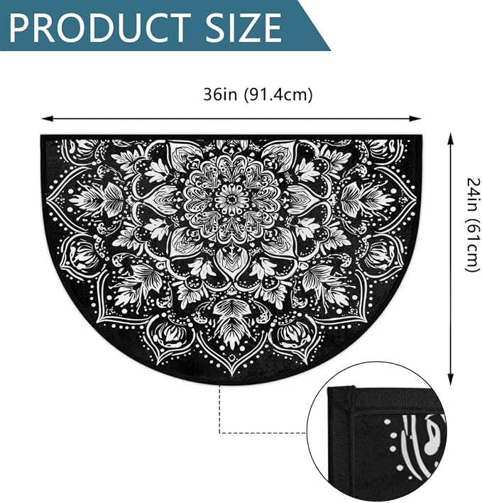 Mandala Black Half Round Door Mat Semi Moon Rug Fireplace Carpet Area Rugs | Mandala Black Non Slip Absorbent Half Circle Mat Carpet for Indoor Outdoor Patio Kitchen Bathroom Entryway Home Decor