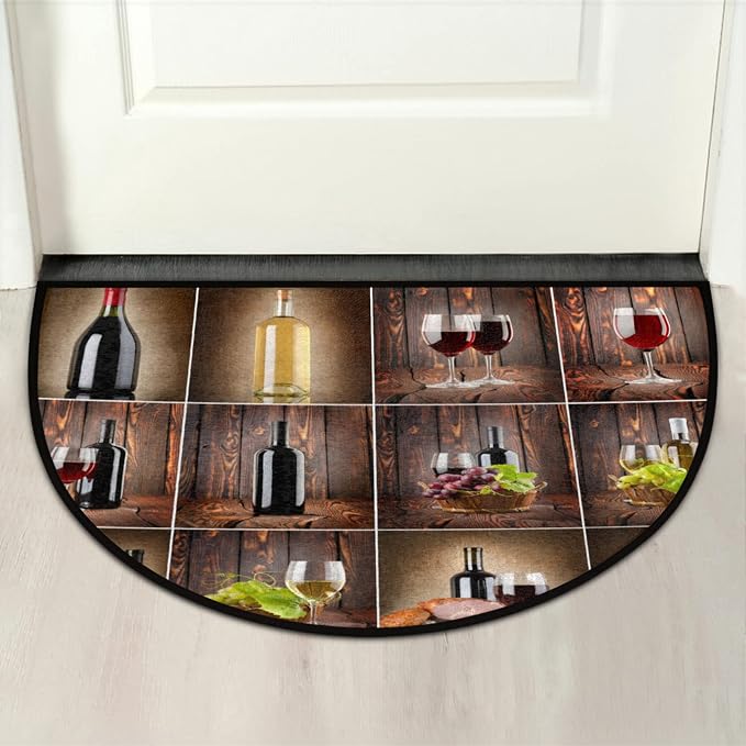 Wine Half Round Doormat Semi Circle Rug Half Moon Rug Entryway Mat | Vintage Wine Washable Non Slip Outdoor Floor Rug Kitchen Mat for Indoor Outdoor Bathroom Fireplace Bath Decor