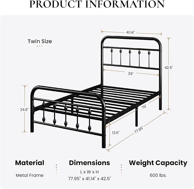 SHA CERLIN Twin Metal Bed Frame with Victorian Iron-Art Headboard, Black | Victorian Iron-Art Headboard and Footboard, Easy Assembly, Under Bed Storage, No Box Spring Required