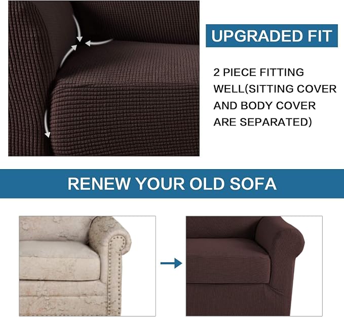 H.VERSAILTEX Stretch Armchair Covers Slipcover 2 Piece Chair Covers for Living Room Furniture Cover Suit for T Cushion/Box Cushion, Spandex Jacquard Fabric Small Checks(Armchair-Standard, Brown)