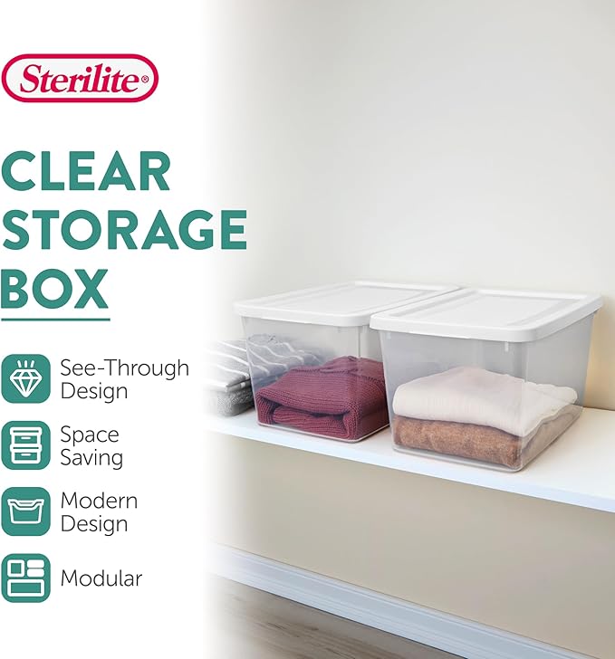Sterilite Storage Box, Stackable Clear Plastic Bins, 20 Quart, 18-Pack | Heavy-Duty Organizing Containers with Snap-On Lids for Closet, Bathroom, and Office