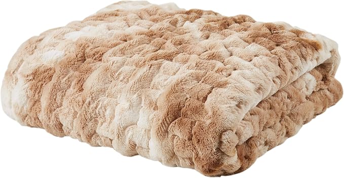 Madison Park Ruched Fur Throw Faux Fur Blanket, 50" x 60", Tan Tie Dye | Luxury, Premium, Soft Cozy Brushed Long Pile, All Season Plush Modern OEKO- TEX Certification Warm For Bed, Couch or Sofa