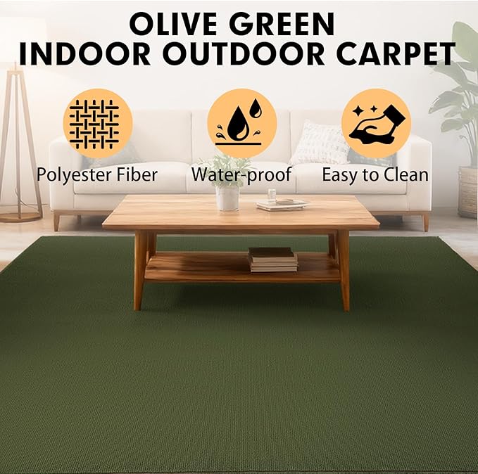 Grefinity Marine Carpet,5 FT x 15 FT Olive Green Indoor Outdoor Carpet 0.2" Thick Boat Rug with Water-Proof TPE Backing for Home, Patio, Porch, Deck