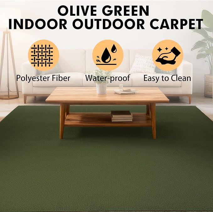 Grefinity Marine Carpet,6 FT x 14 FT Olive Green Indoor Outdoor Carpet 0.2" Thick Boat Rug with Water-Proof TPE Backing for Home, Patio, Porch, Deck