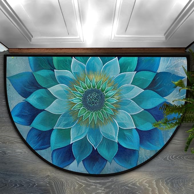 Mandala Half Round Doormat Non-Slip Semi Circle Rug Half Moon Mat | Teal Ethnic Flower Washable Soft Absorbent Indoor Outdoor Entrance Kitchen Bathroom Sink Patio Welcome Fireplace Floor Rug