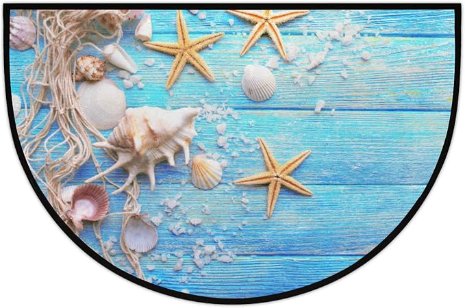 Beach Half Round Doormat Semi Circle Rug Half Moon Rug Entryway Mat | Teal Starfish Washable Non Slip Outdoor Floor Rug Kitchen Mat for Indoor Outdoor Bathroom Fireplace Bath