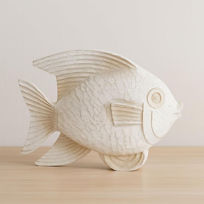 Bookshelf Decor Fish Figurine–White Wash Polyresin Decorative Accessory for Living Room, Coffee Table or Shelf – Aesthetic Boho Shelf Decor, Decorative Objects for Living Room – 13", White
