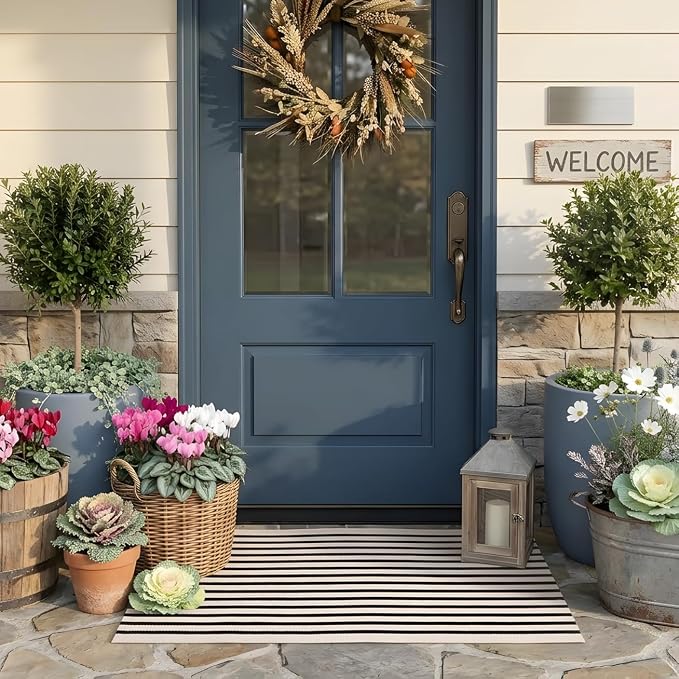 LEEVAN Black and White Striped Rug Doormat 2x3 Washable Front Porch Rug Farmhouse Layered Door Mats Outdoor Cotton Hand Woven Throw Carpet for Entryway/Front Steps/Bathroom/Home Entrance