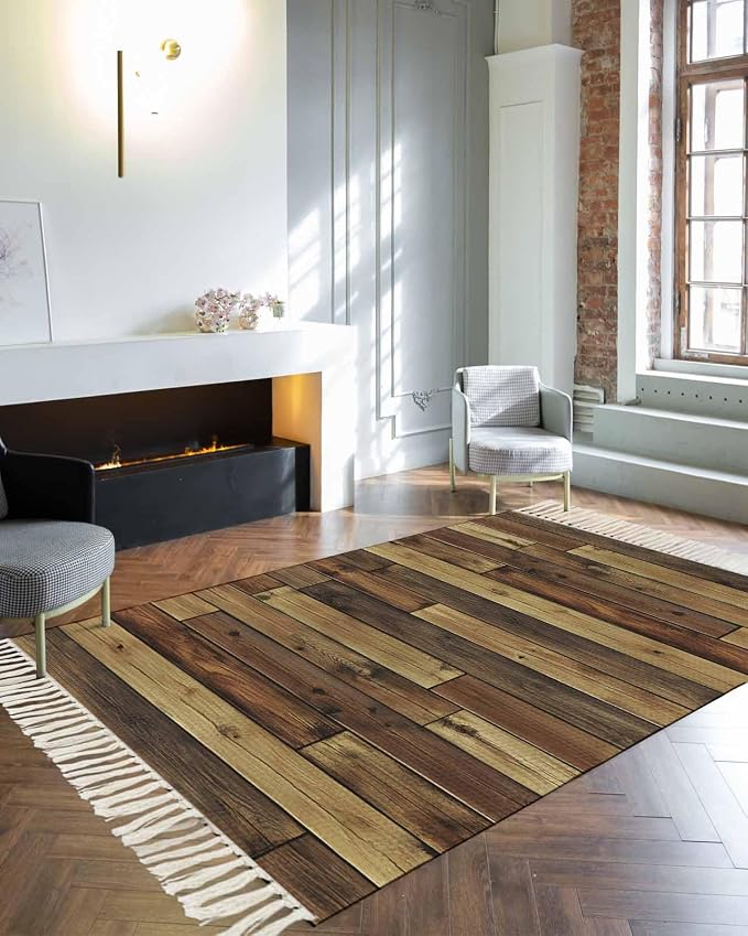 Brown Large Runner Rug 4X6 Ft Living Room Area Rug, Washable Woven Vintage Country Wooden Grain Throw Carpet with Tassel, Non-Shedding Farmhouse Cabin Retro Plank Stitching Art Bedroom Office Carpets