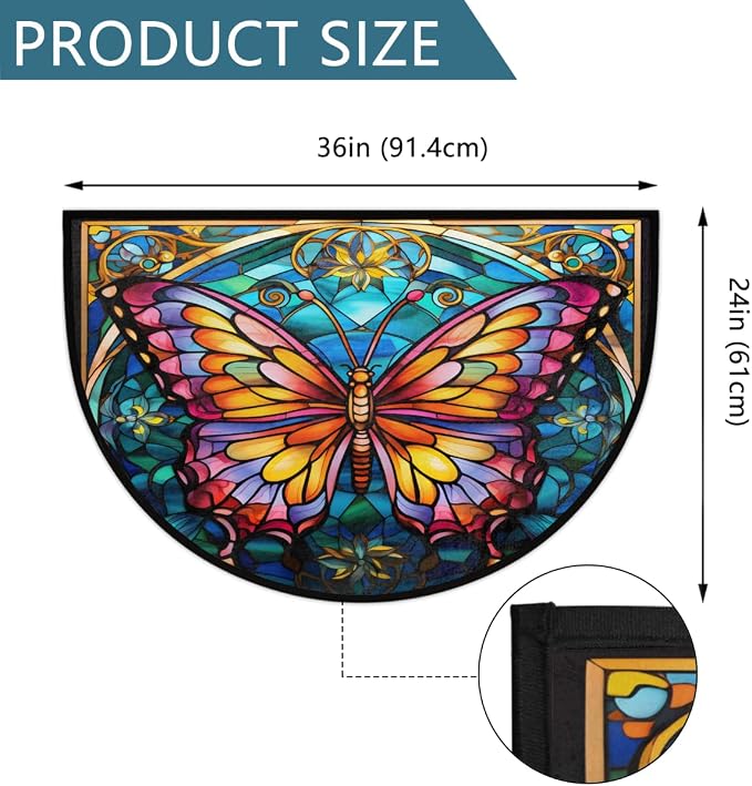 Pardick Half Round Doormat Butterfly Glass Semi Circle Rug Non Slip Indoor Outdoor Entrance Half Moon Rug Washable Front Floor Mat for Kitchen Bathroom Patio Fireplace Holiday Decor