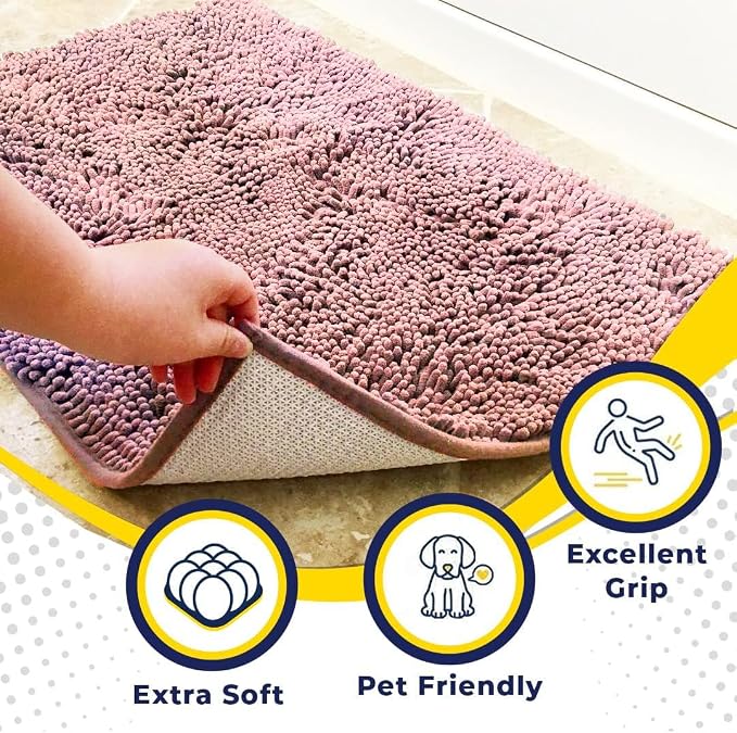 Muddy Mat® | Super Water Absorbent Door Mat Indoor, Microfiber Quick Dry Chenille Entryway Rug, Slip Resistant Front Door Mat, Indoor Mats for Entryway, Machine Washable Pet Rug, Pink 36" x 72"