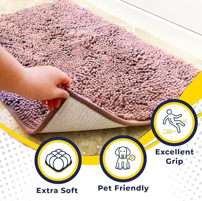 Muddy Mat® | Super Water Absorbent Door Mat Indoor, Microfiber Quick Dry Chenille Entryway Rug, Slip Resistant Front Door Mat, Indoor Mats for Entryway, Machine Washable Pet Rug, Pink 22" x 36"