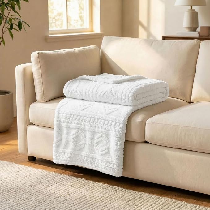SUPERIOR Fleece Boho Jacquard Blanket, Decorative Blankets for Bedroom, Sofa, Fuzzy, Plush, Fluffy, Soft, Cute Room Decor, Beautiful Cover, Comfort Essentials, Arctic Collection, Throw XL, White