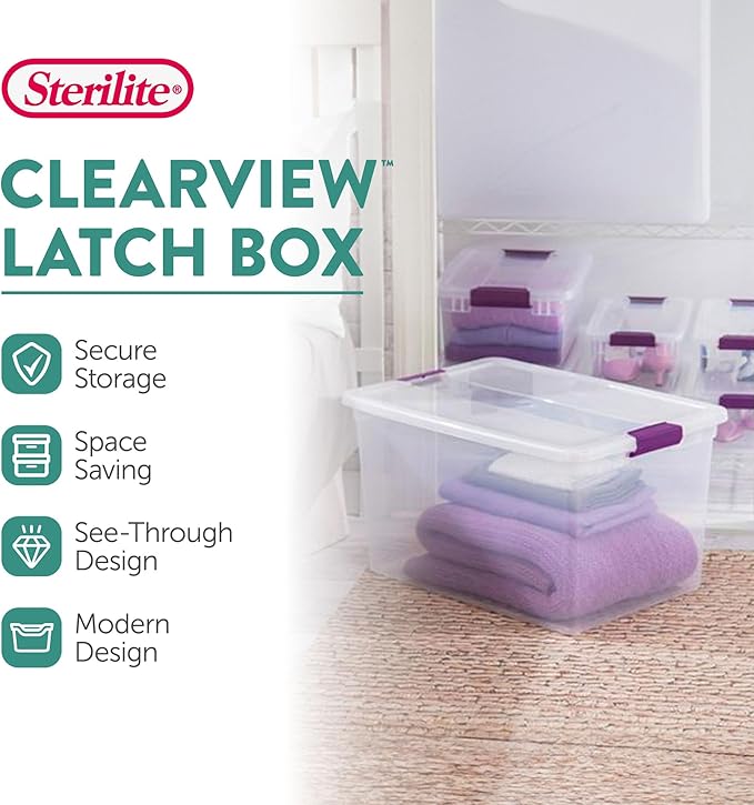 Sterilite ClearView Latch Boxes, Storage Bins with Lids, 66 Quart, 18-Pack | Clear Plastic Organizers with Color Accent Latches for Closet, Bedroom, Shelving Units, Dorm Room and Home Organization
