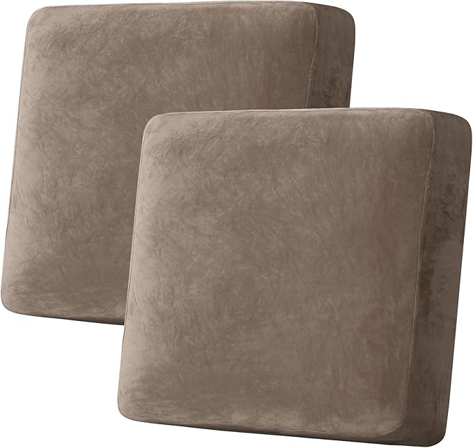 H.VERSAILTEX Velvet Stretch Couch Cushion Cover Plush Cushion Slipcover for Chair Loveseat Sofa Cushion Furniture Protector Seat Cushion Sofa Cover (2 Piece Large Sofa Cushion Covers, Mocha)