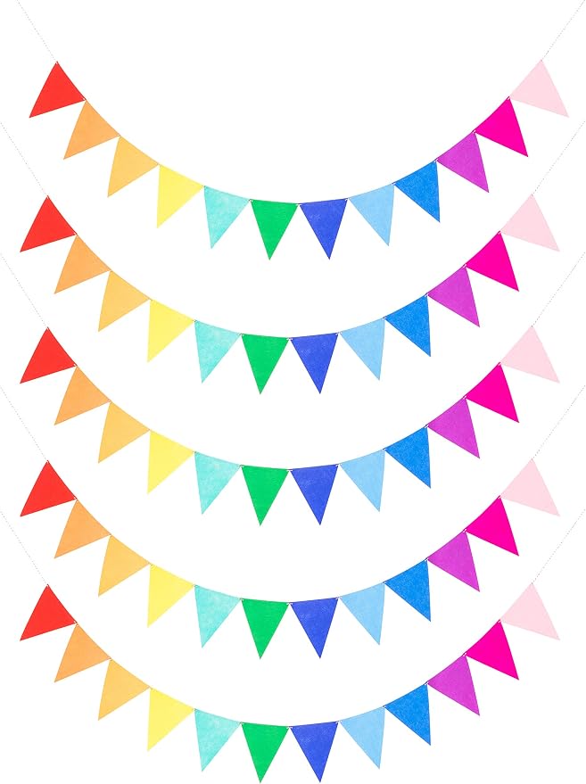 LOVENJOY 5 Assembled Felt Rainbow Banner Garlands, Colorful Pennant Buntings for Classroom or Birthday Party Decoration