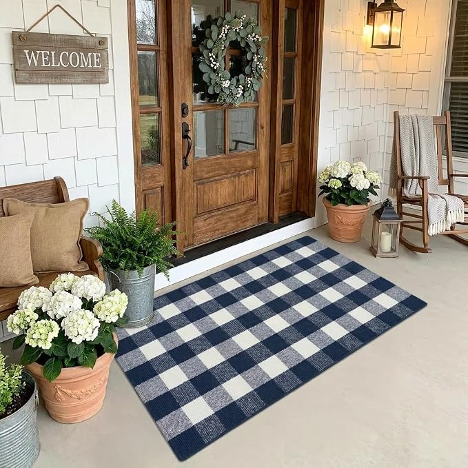 Buffalo Plaid Rug 3' x 5' Navy Blue and White Front Door Mat Reversible Layered Porch Rug Washable Hand Woven Cotton Area Rug for Indoor Outdoor Entryway Patio Porch Decor