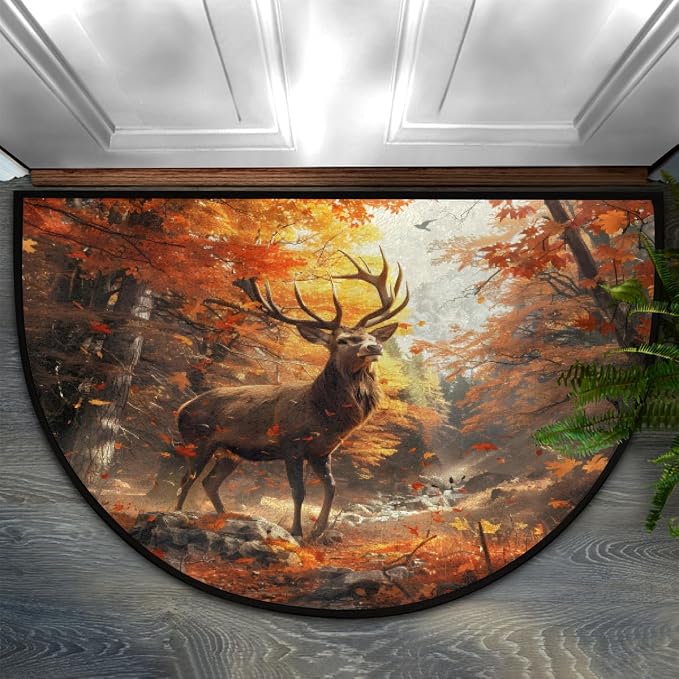 Deer Half Round Doormat Non-Slip Semi Circle Rug Half Moon Mat | Autumn Forest Gold Washable Soft Absorbent Indoor Outdoor Entrance Kitchen Bathroom Sink Patio Welcome Fireplace Floor Rug