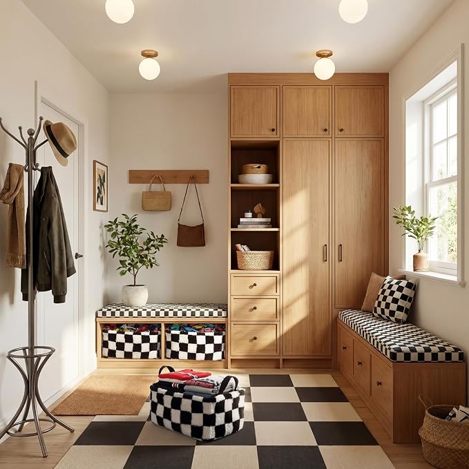 2 Pcs Black and White Checkered Storage Baskets 14x10 Inch Foldable Fabric Storage Bin with Handle Decorative Closet Bins Organizer for Home Office Laundry Countertop Tabletop Car