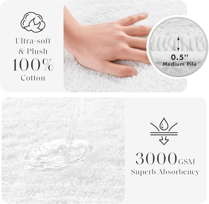 Madison Park Splendor Reversible 100% Cotton Bath Rug, 24 x 36, White | Tufted Bathroom Mat, 3000 GSM, Hotel Quality, Luxurious Plush, Medium Pile, Absorbent, Quick Dry, OEKO-TEX, Shower Room Décor