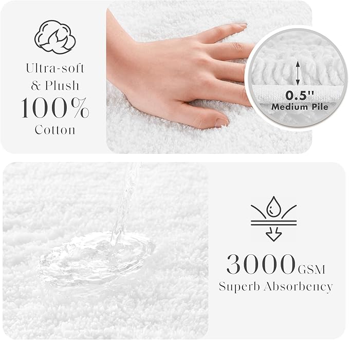 Madison Park Splendor Reversible 100% Cotton Bath Rug, 17 x 24, White | Tufted Bathroom Mat, 3000 GSM, Hotel Quality, Luxurious Plush, Medium Pile, Absorbent, Quick Dry, OEKO-TEX, Shower Room Décor