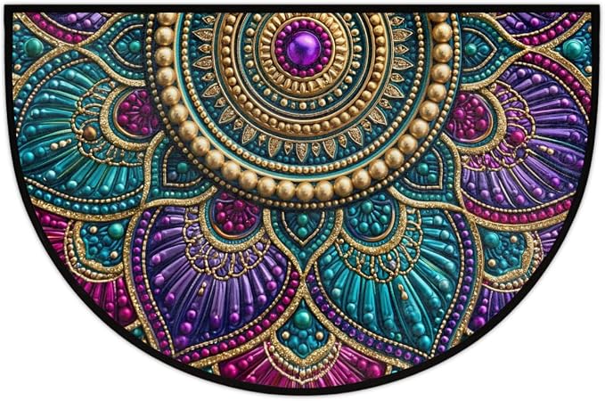 Mandala Half Round Door Mat Semi Circle Rug Half Moon Doormat | Soft Washable Beautiful Ethnic Welcome Entrance Mat for Outdoor Indoor Floor Bedroom Bathroom Home Kitchen Festival Decor