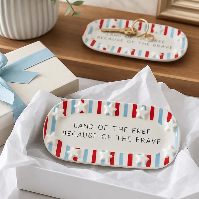 Mud Pie Red Ceramic Stripe American Sentiment Tray, America 250 Merchandise
