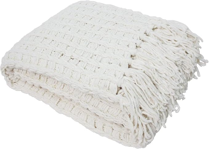DII Chenille Luxury Thick Woven Throw with Fringe, 50x60, Cream