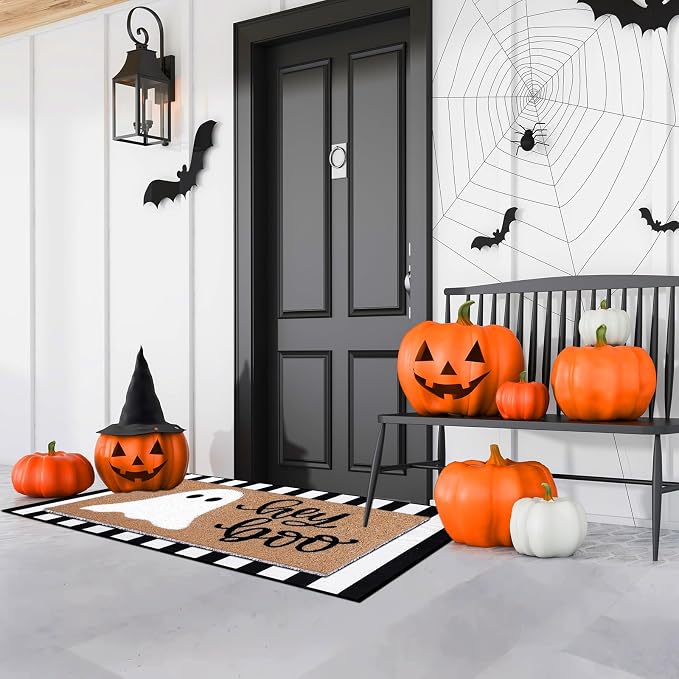 Tinideya 2 Pcs Halloween Door Mat Outdoor Hey Boo Ghost Welcome Doormats for Front Door Non Slip Ghost Coir Floor Mat Black White Stripe Halloween Rug for Entryway Front Porch Outside Decor