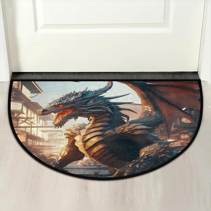 Dragon Half Round Doormat Non-Slip Semi Circle Rug Half Moon Mat | Retro Rustic Animal Washable Soft Absorbent Indoor Outdoor Entrance Kitchen Bathroom Sink Patio Welcome Fireplace Floor Rug