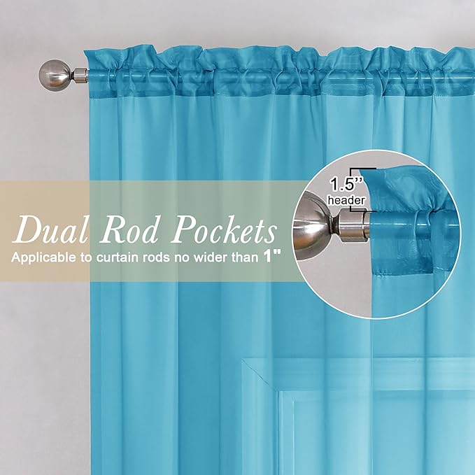 Lecloud Turquoise Sheer Curtains 72 Inches Long 2 Panels, Light Filtering Voile Curtain Drapes for Bedroom Windows Door, Dual Rod Pocket Living Room Sheer Curtains, 40 W x 72 L Inches