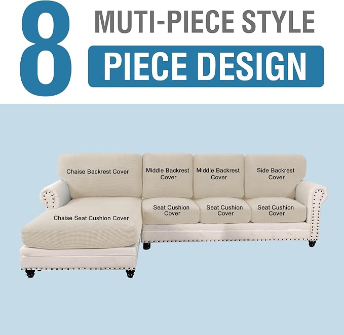 H.VERSAILTEX Sectional Couch Covers 8 Pieces Stretch Sofa Cover for Sectional Sofa Set Separate L Shaped Couch Cover for Both Left/Right Couch (Seat and Back: 1 Chaise + 3 Sofa, Island Fossi)