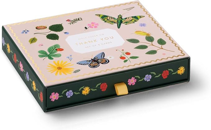 RIFLE PAPER CO. Curio Thank You Keepsake Card Boxed Set of 8, 4.25" L x 5.5" W Blank Interior Lets Your Thoughtful Handwritten Note Take Center Stage, Crafted in the USA