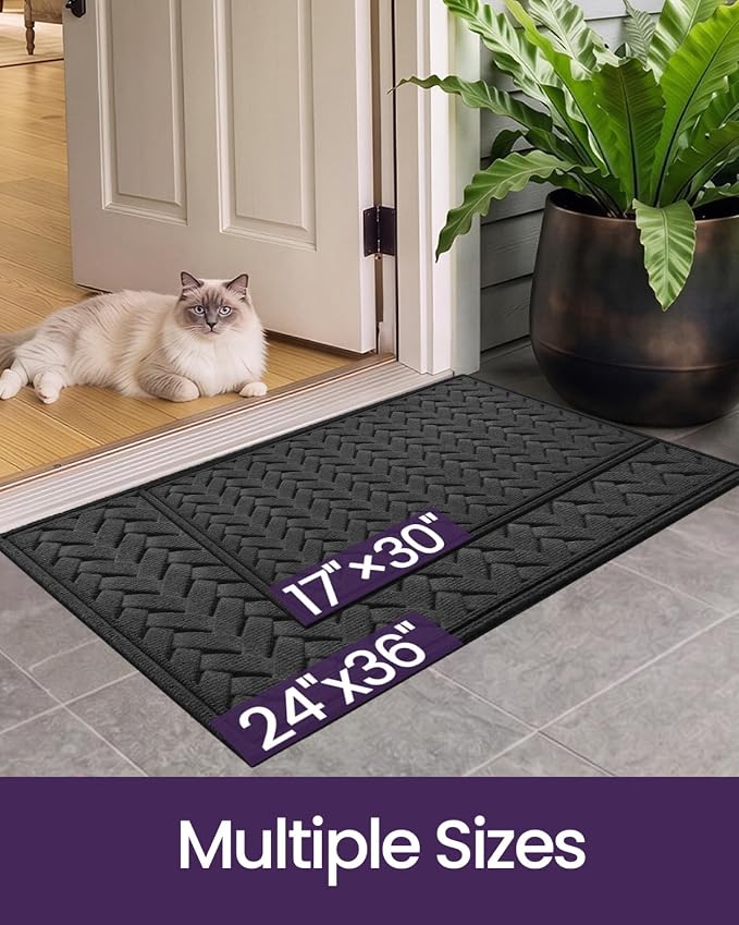 DEXI Front Door Mat Outside Entrance, 17x30 Heavy Duty Entry Doormat Dirt Trapper with Rubber Back, Non Slip Low Profile Floor Mats for Entryway Exterior Patio, Wave Charcoal