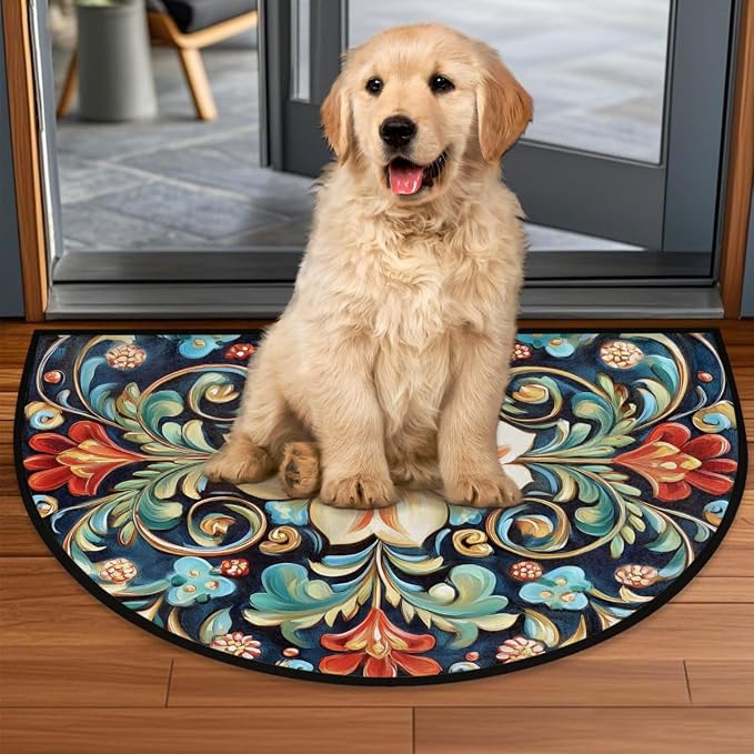 Hand Painted Flower Half Round Door Mat Non-Slip Semi Circle Rug Washable Half Moon Floor Rug Absorbent Bathroom Area Rugs for Outdoor Indoor Fireplace Mat Entryway Kitchen Decor Rugs