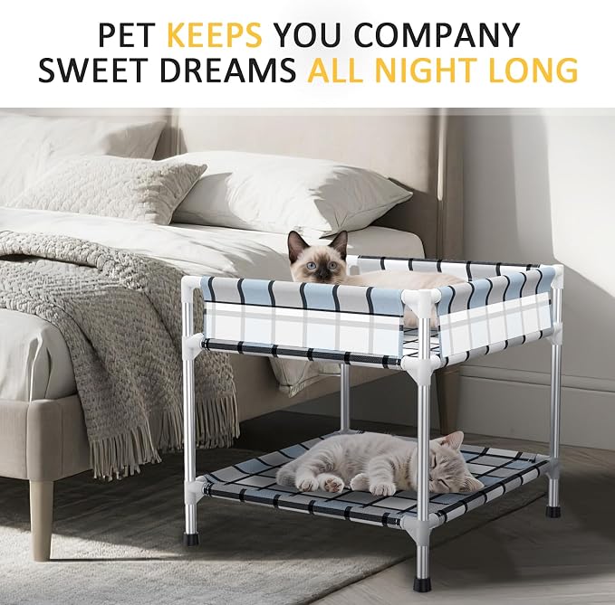 Bedside Window Dog Bunk Bed - Double Elevated Human Dog Bed with Guardrail 2 Layers Window Perch Dogs Cot 2-Tier Bedside Sleeper for Multi-Pet Households (20" x 20" x 24", Double Layer)
