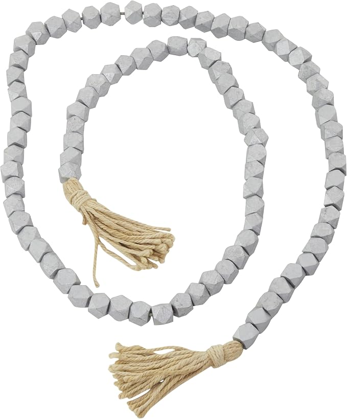 Deco 79 Mango Wood Handmade Hexagon Metallic Carved Geometric Long Beaded Garland with Tassel, 80" x 1" x 1", Silver