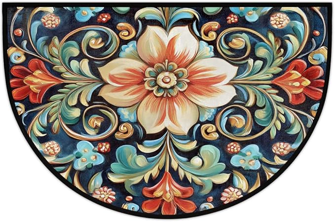 Hand Painted Flower Half Round Door Mat Non-Slip Semi Circle Rug Washable Half Moon Floor Rug Absorbent Bathroom Area Rugs for Outdoor Indoor Fireplace Mat Entryway Kitchen Decor Rugs