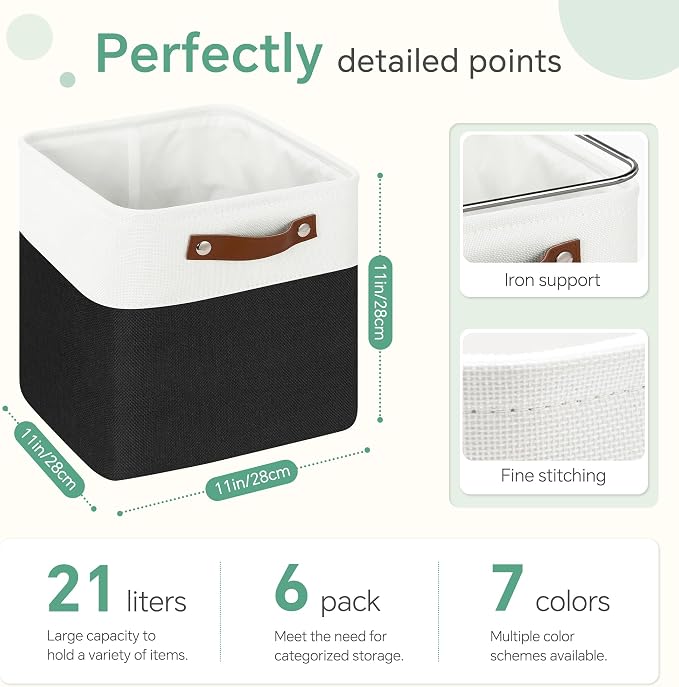 FinishingBo 11 inch Cube Storage Bin 6 Pack, Cube Organizer Bins | Fabric Storage Bins With Handles, 11x11 Storage Cubes, Shelf Basket, White/ Black