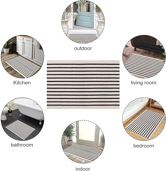 LEEVAN Black and White Striped Patio Outdoor Rug 5x8, Washable Living Room Bedroom Area Rug, Soft Cotton Blend Sturdy Carpet for Kitchen, Dining Room, Playroom, Mudroom, Sunroom