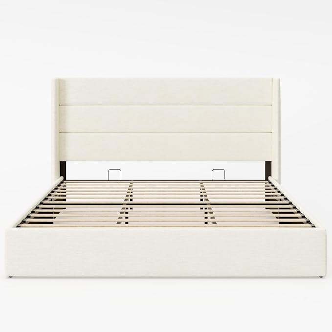 Allewie King Size Chenille Lift Up Hydraulic Storage Bed Frame Cream White | Chenille Fabric Upholstered, Modern Wingback Headboard, Hydraulic Support Storage, No Box Spring Needed