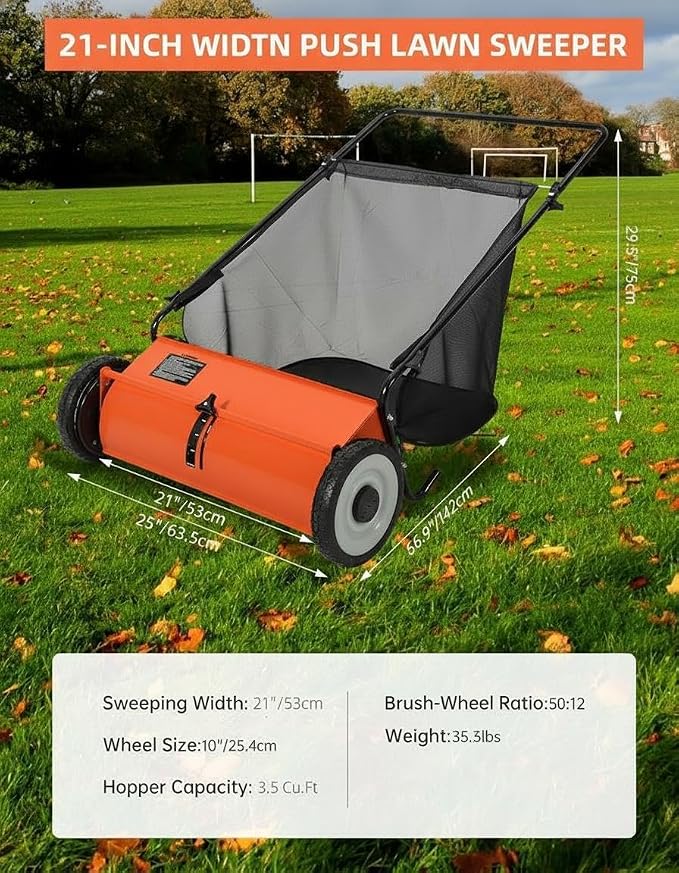 GarveeLife 21 Inch Push Lawn Sweeper with 4 Spinning Brushes, 3.5 Cu.ft Large Capacity Leaf Collector, Adjustable Height Grass Sweeper, All Terrain Lawn Leaf Debris Removal Tool for Yard Garden Patio | 3.5 Cu.ft Large Leaf Collector, Grass Sweeper, All...