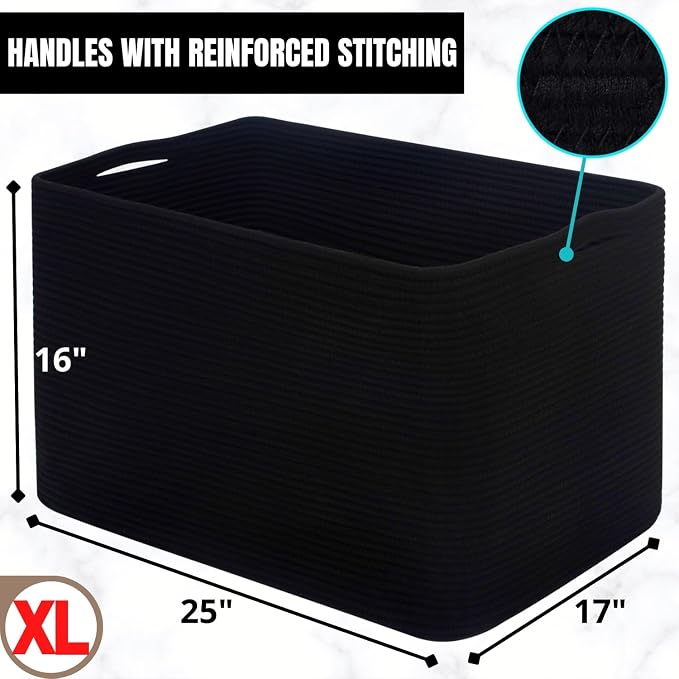 MINTWOOD Design 112L Extra Large Blanket Basket Holder Living Room, 25"x17"x16" Rectangle Rope Woven Storage Basket with Handles for Laundry, Pool Towels, Shoes, Dog Toy Organizer Bin Box, Black