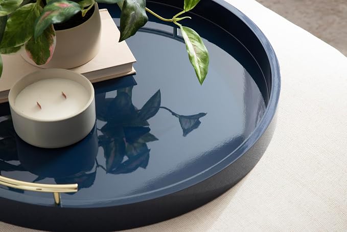 Kate And Laurel Lipton Modern Round Ottoman Tray; 22 Inch Diameter; Navy and Gold; Decorative Circle Coffee Table Tray for Living Room Decor or Large Serving Tray
