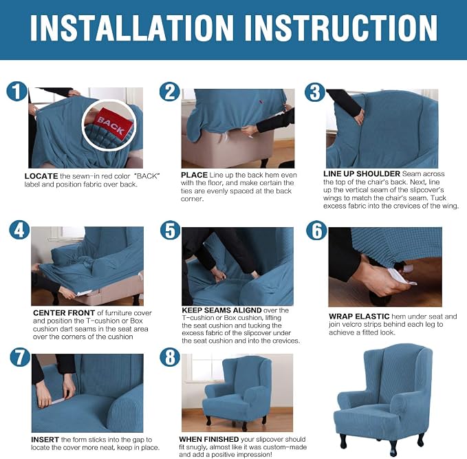 H.VERSAILTEX Wing Chair Slipcover Chair Covers for Wingback Chairs Wingback Chair Covers Slipcovers 1 Piece Stretch Sofa Cover Furniture Protector Soft Spandex Jacquard Checked Pattern, Dusty Blue