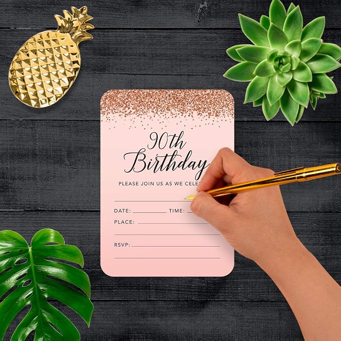Andaz Press 24 Pack Blush Pink Rose Gold 90th Birthday Invitations For Women, 5x7 Inch 90th Birthday Party Invitations With Envelopes, 90 Year Old Party Invites For Women